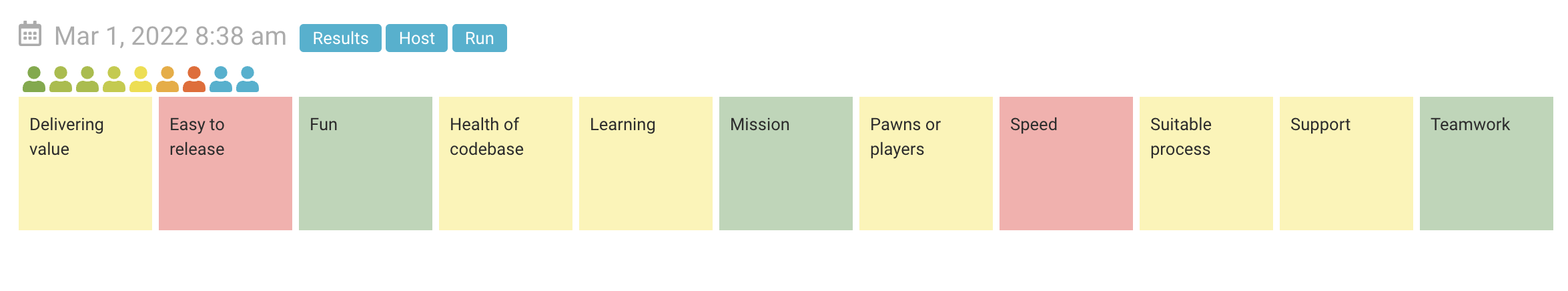 Marl, 
Delivering 
ValUe 
2022 8:38 am 
Easy to 
release 
Results 
Fun 
Host 
Run 
Health of 
codebase 
Learning 
Mission 
Pawns or 
players 
Speed 
Suitable 
process 
Support 
Teamwork 